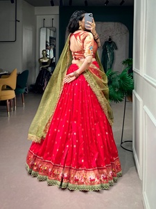 <b>Red</b> Embroidered <b>Lehenga</b> Choli Set With Green Dupatta Traditional Indian Pakistani Wedding Wear Floor Length Women's Attire - Product Image 4