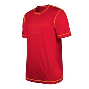 T-shirt à manches courtes rouge pour homme, col rond, coupe classique, tricoté en polyester, bordure contrastée, couleur unie, décontracté - Product Image 2