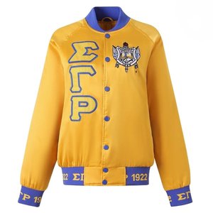 Chaqueta Bomber Dorada de Satén Sigma Gamma Rho, Bordado Personalizado en Chenilla, Ropa de Hermandad Griega para Mujer - Product Image 1