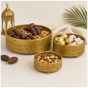 <b>Gold</b> Metal Ramadan Kareem <b>Serving</b> <b>Tray</b> Set with Hollow Arabic Calligraphy & Moon Star Design Elegant Iron Eid Mubarak Dates - Product Image 6