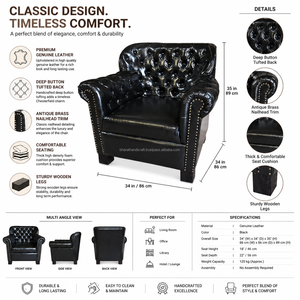 Fauteuil antique en cuir véritable avec structure en bois massif, design classique, rembourrage capitonné, assise confortable pour salon - Product Image 4