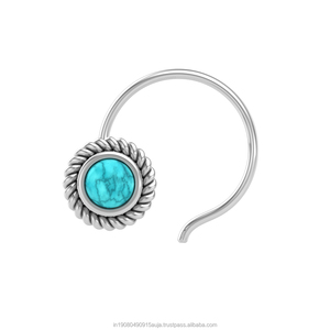 Pendiente de Nariz con Turquesa en Forma Redonda de Plata de Ley 925, Estilo Indio, para Mujeres y Niñas - Product Image 1