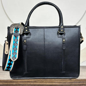 Wholesale Custom Hand <b>Tooled</b> Cowhide Leather <b>Tote</b> <b>Bag</b> Black Blue Checkered Pattern Handbag with Fringe Shoulder Strap for Women - Product Image 5