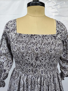 Ladies Grey Black Printed Smocking <b>Dress</b> Square Neck Puff Sleeve Midi Length Casual Cotton Summer A-Line Silhouette Breathable - Product Image 5