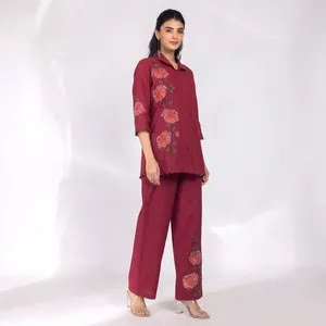 Conjunto de Dos Piezas para Mujer, Color Granate, Bordado, Algodón, Manga Tres Cuartos, Diseño Floral, Corte Holgado, Casual, Primavera-Verano - Product Image 2