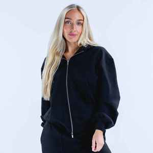 <b>Women's</b> Black Zipper-Up Cropped <b>Sweatshirt</b> Full Sleeve Solid Color Knitted Cotton Autumn Wear <b>V</b>-<b>Neck</b> Breathable Style - Product Image 2