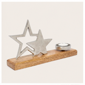 Luxury Silver Metal Double Star Tea Light <b>Candle</b> Holder With Natural Mango Wood Base For Christmas Festive Home Decoration - Product Image 3