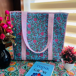 Large Quilted Weekend Tote <b>Bag</b> - Cotton Block Printed <b>Overnight</b> <b>Bag</b> Grocery Shopping Travel Handmade <b>Bags</b> For Women - Product Image 3