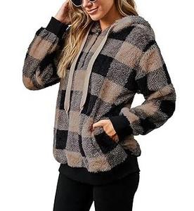 <b>Womens</b> <b>Sherpa</b> Plaid Flannel Pattern <b>Hoodie</b> Sweatshirt Long Sleeve Fashion Pullover Furry Fluffy Fur Fleece Outwear Winter Hooded - Product Image 2