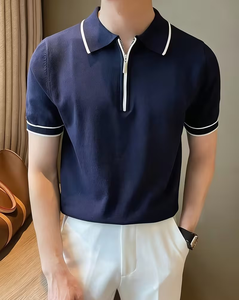 Men's Short Sleeve Solid Color Knitted Polo Shirt Zipper Design Smart Casual Regular Fit Navy Blue with White Trim - Product Image 3
