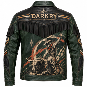 Veste en cuir à franges avec motif Bull Rider pour homme, en cuir de vachette vert foncé personnalisé, style western vintage, veste de motard, fournisseur direct d'usine - Product Image 2