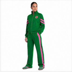 Conjunto Deportivo de Felpa para Mujer, Verde y Rosa a Rayas, Manga Larga, Corte Holgado, para Todas las Temporadas, 2 Piezas - Product Image 6