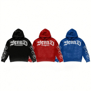 Style streetwear moderne, personnalisable, avec broderie et patchwork, imprimé, respirant, effet délavé, sweat à capuche zippé, pantalon de survêtement évasé pour homme - Product Image 2