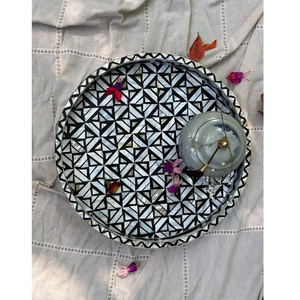 Handcrafted Mother of Pearl Inlay Round Tray - Decorative Shell <b>Mosaic</b> Serving Platter, Coastal Ottoman Centrepiece, Luxury Tray - Product Image 6