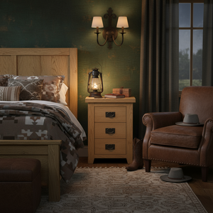 Meuble de chambre à coucher en bois de pin fabriqué au Vietnam, table de chevet en bois d'hévéa durable avec 3 tiroirs, design traditionnel antique - Product Image 1