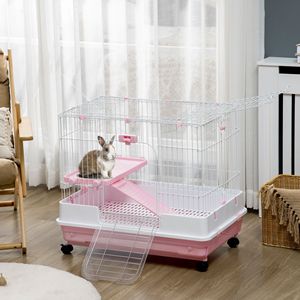 Gabbia per Piccoli Animali a 2 Livelli con Ruote e Vassoio Rimovibile, Rosa, per Conigli, Cincillà e Furetti - Product Image 2