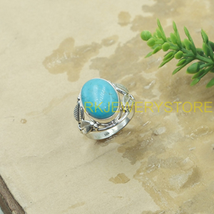 Anillo de Turquesa Natural Ovalada con Diseño de Hoja, Plata de Ley 925, Hecho a Mano, Estilo Boho Vintage, Joyería de Moda, Regalo Unisex para Hombre - Product Image 6