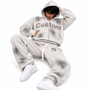 Ensemble de survêtement pour homme tendance avec pantalon large en molleton gris chiné respirant et de qualité, orné de strass et fermeture éclair intégrale - Product Image 2