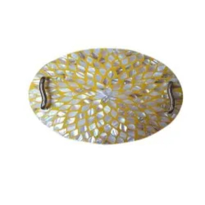 Plateau de service rond en rotin naturel fait main avec incrustation de nacre, motif floral tissé, plateau décoratif en nacre - Product Image 6