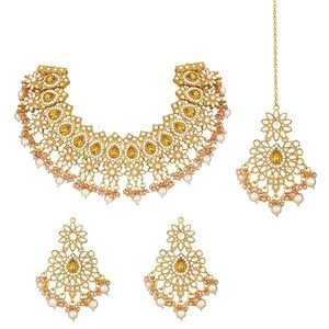 <b>Gold</b> Plated Flower Necklace and Earrings <b>Set</b> with Zircon and Imitation Pearl Vintage Ethnic <b>Jewelry</b> for Women Wedding - Product Image 1