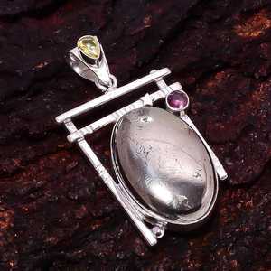 Pyrite <b>Pendant</b> With <b>Citrine</b> And Pink Tourmaline Natural Golden Pyrite Oval 925 Sterling Silver Handmade Statement Necklace - Product Image 4