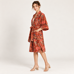 Women Floral <b>Print</b> Robe Knee Length Three Quarter Sleeve Soft Woven Polyester Casual Drawstring Closure - Product Image 5