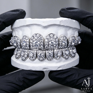 Grillz dentaire personnalisé serti de pierres VVS Moissanite, coupe ronde brillante, en argent 925 et or massif, bijoux dentaires - Product Image 6