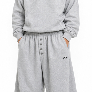 Ensemble de survêtement en molleton gris 2 pièces pour homme, sweat à capuche oversize, pantalon de survêtement à jambes larges, détails boutonnés, streetwear décontracté, hiver, personnalisable OEM - Product Image 4