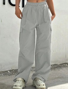 Pantalon cargo décontracté taille haute pour femme, nouvelle collection automne, coupe large, en pur coton, avec plusieurs poches, broderie, style devant plat - Product Image 4