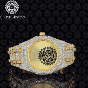 Montre mécanique de luxe Charm Jewells en acier inoxydable, date automatique, or jaune, incrustée de diamants, cadran analogique de 40 mm, verre saphir lumineux - Product Image 1