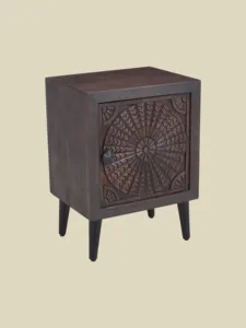 Table de chevet vintage en bois massif, forme cube, sculptée à motifs floraux, avec un tiroir, support en métal, style rustique, pour chambre à coucher, salon, meubles de ferme - Product Image 4