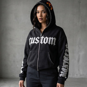 Glory Custom Applique Bordered Embroidery Design Rhinestone Oversized Hoodie Premium Quality 100% Cotton OEM Wholesale - Product Image 6