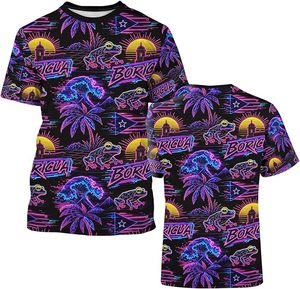 T-shirt néon géométrique à manches courtes et col rond imprimé grenouille, vagues insulaires et palmiers, style streetwear - Product Image 2