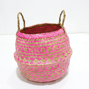 Trending Durable Circle Natural Palm Leaf Eco-friendly Pink <b>Storage</b> Basket Laundry <b>Hamper</b> - Product Image 6