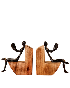 Modern design <b>cast</b> aluminum and Wooden Human Figurine Bookends Set Decorative Reading Man Book Holder customization available Mo - Product Image 1