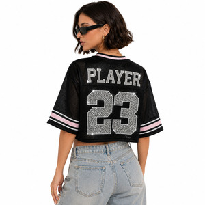 Custom Printed Sports Fashion Black Crop <b>Top</b> American Football Jersey Trending <b>Rhinestone</b> Crystal Loose Fit Women Teamwear Tee - Product Image 3