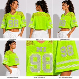 Custom Sparkling <b>Rhinestone</b> <b>Mesh</b> Crop Jersey Women Oversized Varsity Football Streetwear Fashion Shirt - Product Image 4