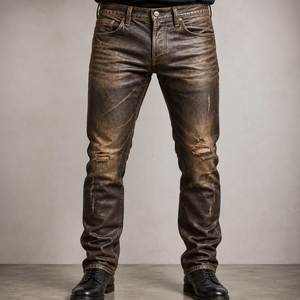 Pantalon skinny en cuir vieilli, taille mi-haute, longueur intégrale, style motard avec déchirures, fermeture boutonnée, couleur unie - Product Image 3