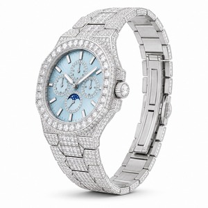 Luxury Women's Diamond Watch Stainless Steel Band Analog Mechanical <b>Chronograph</b> Round Case Blue Dial - Product Image 4
