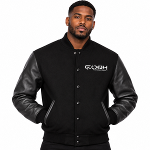 Chaqueta Bomber Varsity de Cuero Negro para Hombre, con Cuello Acanalado, Botones a Presión, Logotipo Frontal, Estilo Casual de Béisbol - Product Image 1