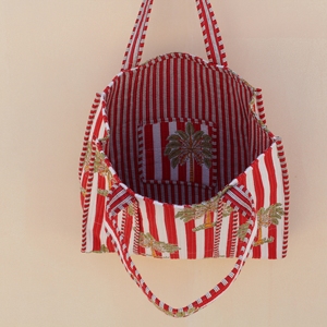 Handcrafted Quilted Cotton Tote Bag with Long Handle Red <b>White</b> <b>Strips</b> Tropical Palm Print Lightweight Travel & Shopping Bag - Product Image 5