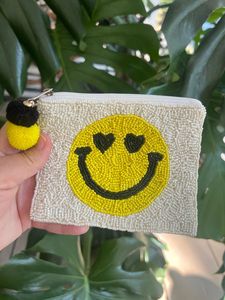 Beaded Nylon <b>Coin</b> <b>Purse</b> with Smile Face Pattern Zipper Closure Handmade Mini Pouch Unisex Bohemian Style Portable - Product Image 2