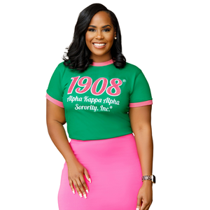 T-shirt en chenille 1908 à bordure rose, broderie de lettres grecques vertes et roses, en coton premium, décontracté, pour tenue de sororité - Product Image 2