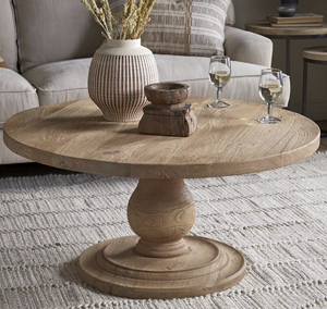 Mesa de Centro Redonda de Estilo Rústico Moderno, Hecha a Mano, Base de Pedestal de Madera de Mango, Mueble para Sala de Estar - Product Image 1