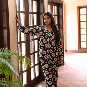 <b>Women</b> <b>Black</b> Multicolor Heart Print Pajama Set Long Sleeve Button Up Shirt Matching <b>Pants</b> Contrast Piping Soft Sleepwear OEM - Product Image 1