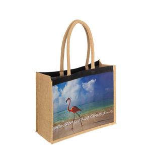 Jute Shopping <b>Bag</b> With Flamingo Beach Print <b>Large</b> Size Top Handle Reusable Tote For Beach Use - Product Image 1