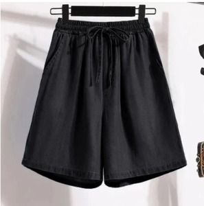 Shorts en jean de coton pour femme, couleur unie, taille à cordon, coupe ample, style décontracté, tissu respirant, taille mi-haute - Product Image 2