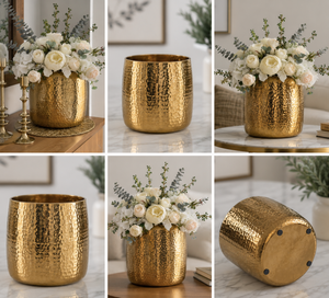 Vase à fleurs en métal martelé artisanal, finition dorée, centre de table décoratif, décoration moderne pour la maison, support pour plantes - Product Image 5