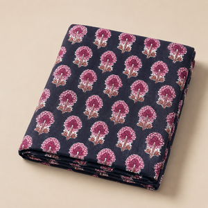 Tissu en coton imprimé à la main, motif floral Buta bleu marine et rose, doux et respirant, idéal pour la confection de robes, de Kurta et la décoration intérieure. - Product Image 1