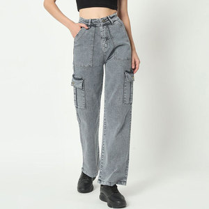 Pantalon cargo taille haute à jambes larges pour femme, décontracté, coupe ample, en jean de coton délavé - Product Image 4
